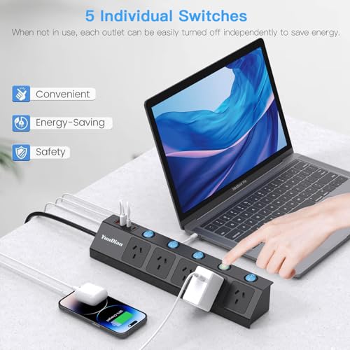 Yundian Power Strip with Individual Switches, 5 AC Outlets, 2 USB A and 2 USB C Surge Protector 2m Extension Cord, 2400W/10A, 170 Joules, USB Power Board Switch for Home and Office Use (Black)