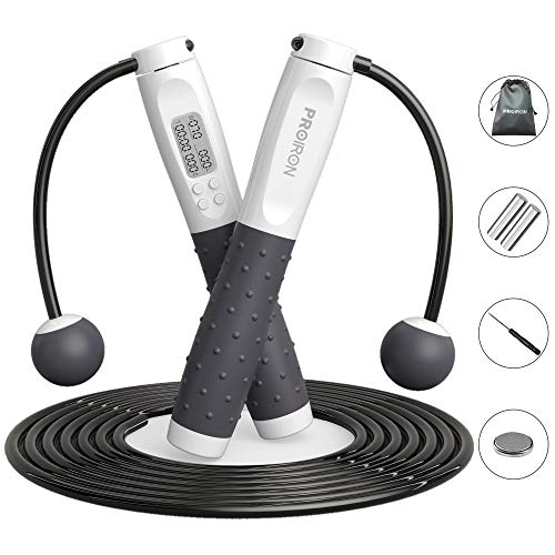 PROIRON Skipping Rope Digital Weighted Handle Workout Jump Rope, Skipping rope with Calorie counter Cordless Jumping Rope for Training Fitness, Adjustable Tangle-free Speed Jump Rope for Men Women Kids Fitness Exercise Training-Grey