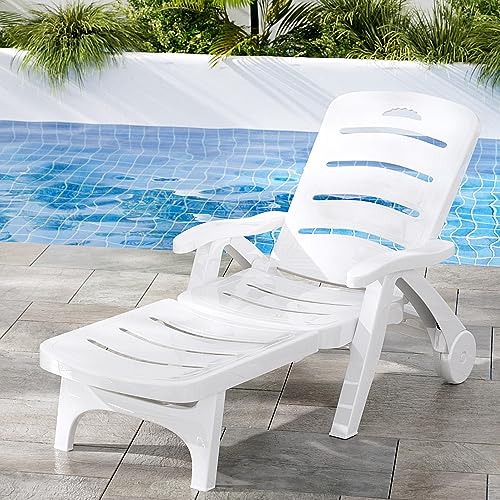 Gardeon Sun Lounge, Folding Camping Chair Lounger Day Bed Chaise Beach Chairs Outdoor Furniture Garden Patio Setting Pool Backyard, with Wheels Armrest Backrest White