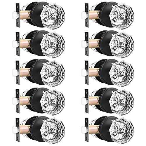 Orger 10 Pack Glass Door Knobs with Flat Black Rosette, Bath/Bed Door Knobs for Privacy Use, Keyless Interior Door Handles with Diamond Shape Crystal Glass and Zinc Alloy Base