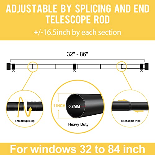 Curtain Rods for Windows 48 to 84, 1 Inch Black Curtain Rod Set, Heavy Duty Drapery Rods with Adjustable Curtain Rods, Outdoor Curtain Rod with Simple End Caps, 48"-86"