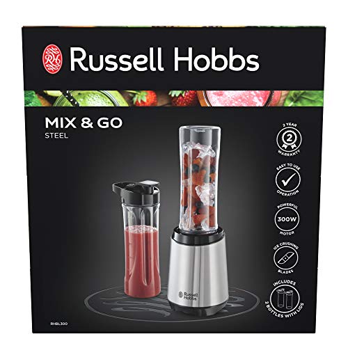 Russell Hobbs RHBL300, Mix and Go Stainless Steel Blender, 300 Watt Electric Motor and Dishwasher Safe, High Speed Blender, Silver/Black