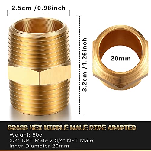 2 Pieces Brass Pipe Fitting Brass Hex Nipple Male Pipe Adapter, Straight Connector Pipe Fitting (3/4 x 3/4 Inch NPT)