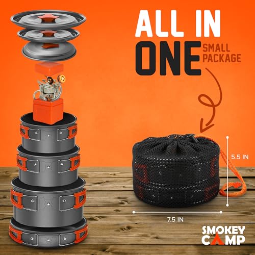 10 Pcs Smokey Camp Backpacking Cooking Set with Stove & Adapter - 3 Pots Large Medium Small 1 Large Pan 1 Stove 1 Adpater, Compact Non-Stick Camping Cookware Mess Kit, All in One Hiking Picnic Outdoor