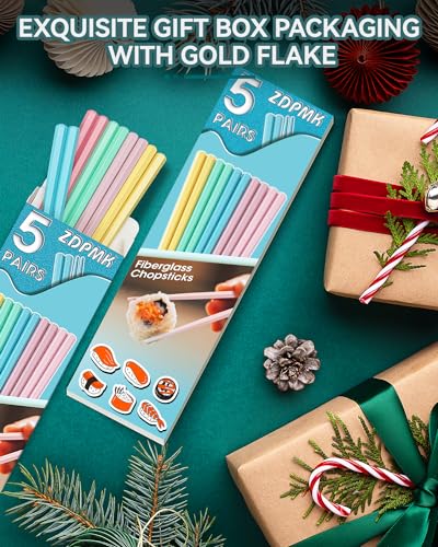 ZDPMK 5 Pairs Reusable Fiberglass colorful Chopsticks Set, Dishwasher Safe, 9.57 Inches, Premium Non-Slip Design with Case – Perfect for Japanese, Korean, and Chinese Cuisine, Great Gift for Parties