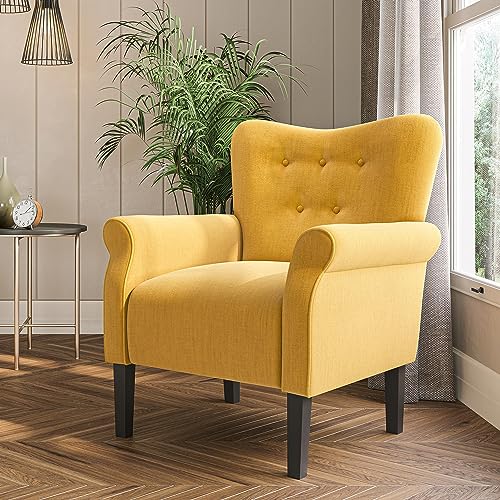 BELLEZE Modern Accent Chair for Living Room, High Back Armchair with Wooden Legs, Upholstered Wingback Chair Padded Armrest Single Sofa Club Chair for Living Room, Bedroom - Allston (Citrine Yellow)