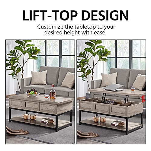 Yaheetech Lift Top Coffee Table with Hidden Compartments & Open Shelf, Tabletop Metal Frame Cocktail Table, Rising Center/Acent Table for Living Room Reception, 18-23inch H, Gray