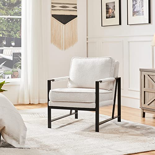 Yaheetech Armchair, Retro Leisure Accent Chair with Extra Soft Padded and Cushion, Modern Reading Arm Chair with Black Mental Frame for Living Room/Office/Bedroom/Study, Ivory