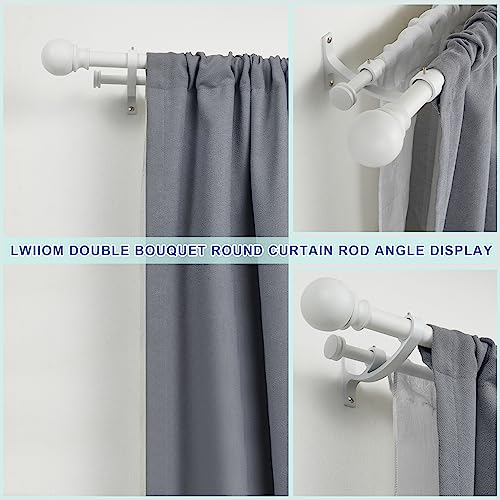 Lwiiom Double Curtain Rods with Aluminum Bouquet Brackets and Round Finials,Matte White Curtain Rods for Windows 72 to 144 inch,1-Inches Front and 5/8 Inches Back Double Window Drapery Rod for