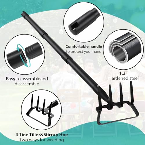 Upgraded Hula Hoe and Garden Hoe, Stirrup Hoe with Adjustable Handle for Weeding,Digger,loosening Soil,Metal Garden Cultivator Hula Hoe with Rake Tiller Cultivator (30-73 Inch)