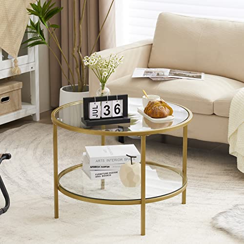 VINGLI Glass Coffee Table, 25.6" Round Champagne Gold Coffee Tables for Living Room, 2-Tier Glass Top Coffee Table with Storage Clear Coffee Table, Simple & Modern Center Table for Small Space