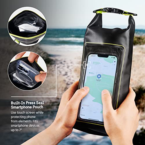 Case-Mate Marine IP68 Waterproof Dry Bag 2L-Roll Top Backpack w/Phone Case/Pouch-Boating & Kayak Accessories-Essentials for Camping Swimming Beach Fishing Rafting Travel-Black/Hi-Vis Yellow