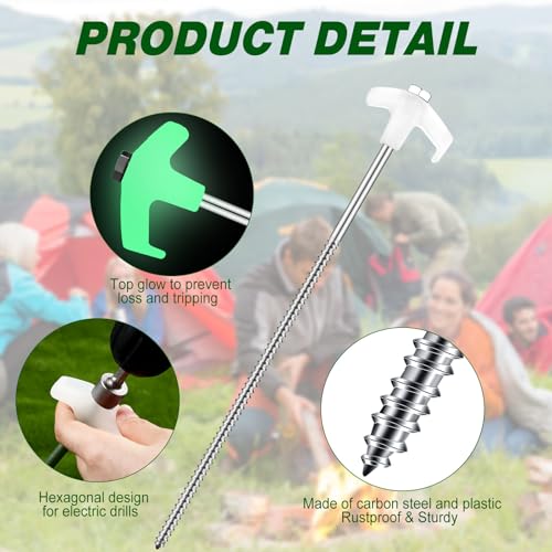 Hicarer 20 Pcs 12 Inch Tent Stakes Screw in Camping Stakes Heavy Duty Metal Stake Ground Anchor Peg Threaded Tent Spikes with Hex Head Driver for Camping Garden Inflatable (Luminous White)