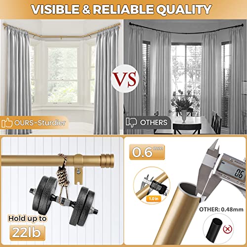 HOTOZON 1 Inch Bay Window Curtain Rods, 36-72 Inch Center Rod for window (24 to 68 Inch), 20-36 Inch Side Rods for windows (16-32 Inch), Antique Gold, End Cap Finials