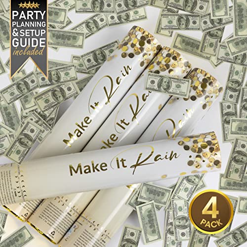 Money Confetti Poppers 4 Pack | Confetti Cannon Party Poppers Confetti Shooters for Events Birthday Celebrations | Bulk Small 100 Dollar Green Bills Launcher | Large Paper Gun Launcher Tube Stick