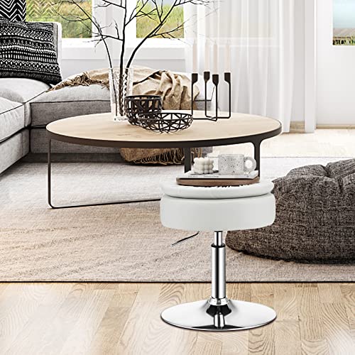 Giantex Vanity Stool with Storage, 360° Swivel PU Leather Vanity Chair, 50-66cm Height Adjustable Makeup Stool with Flipped Lid, Modern Round Storage Ottoman for Living Room Bedroom (White)