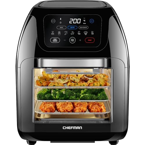 CHEFMAN Multifunctional Digital Air Fryer+ Rotisserie, Dehydrator, Convection Oven, 17 Presets Fry, Roast, Dehydrate, Bake, XL 10L Family Size, 1800W, Auto Shutoff, Large Easy-View Window, Black