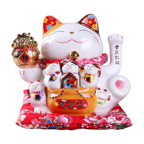 10Inch Fortune Cat Japanese Beckoning cat Ceramic Waving Arm Cat for Shops, Restaurants, Living Room and Home Decoration