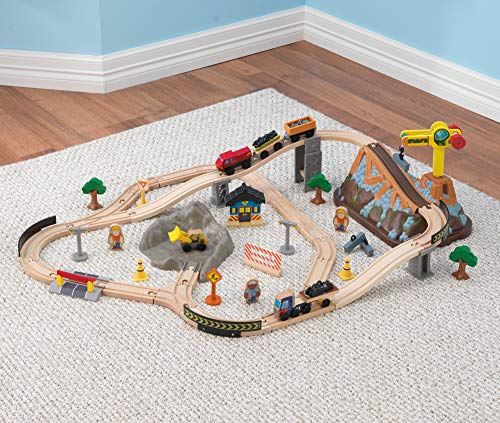 KidKraft Bucket Top Construction Wooden Train Set with Storage Box for Kids, Train Track Set with Wooden Toy Cars with Crane and Accessories Included, Construction Toys, 17805