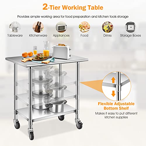 Giantex Stainless Steel Workbench, Prep Work Table, Adjustable Bottom Shelf, Commercial-Grade Scratch-Resistant Table Top, Lockable Wheels, Utility Storage Desk for Kitchen Restaurant (91.5 x 61 cm)