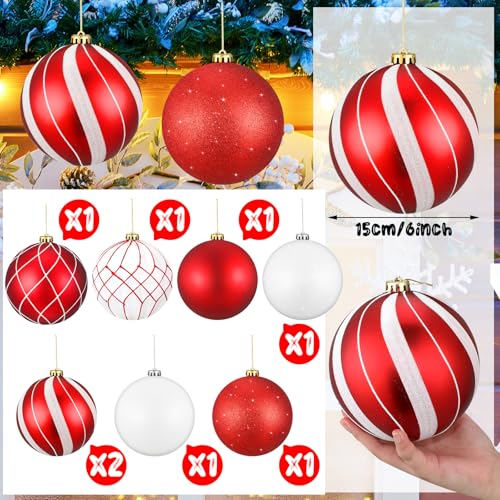 Wettarn Set of 8 Large Christmas Ball Ornaments 6 Inch Glitter Hanging Christmas Plastic Balls Indoor and Outdoor Hanging Christmas Tree Decorations for Lawn Yard Garden Party(Red and White)