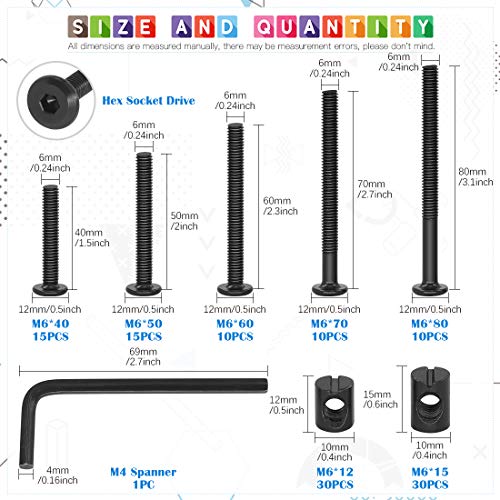 Glarks 120Pcs M6x40/50/60/70/80mm Black Hex Socket Cap Bolt Screws and Barrel Nut Assortment Kit with a Allen Wrench for Crib Baby Bed Cots Furniture