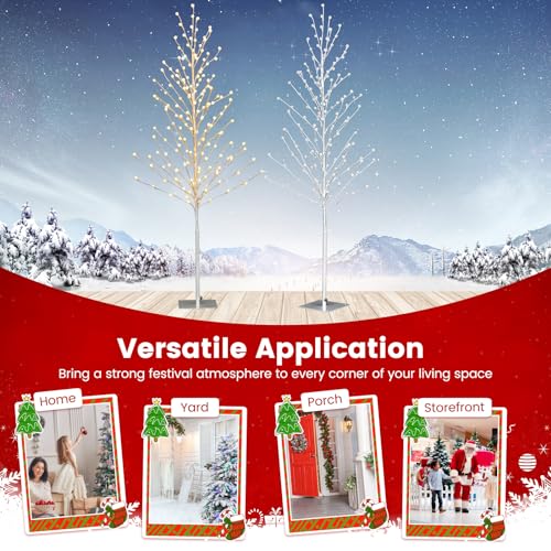 Costway 155 CM Lighted Birch Tree, Artificial Christmas Twig Tree with 168 Warm-White LED Lights, Metal Stakes, Indoor & Outdoor Christmas Holiday Party Decor, Xmas Birch Tree for Porch Home Store