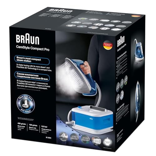 Braun CareStyle Compact Pro IS2565BL, Steam Iron with FreeGlide 3D Technology, iCareMode, Eco and Turbo Modes, Vertical Steaming, Anti-Drip, 1.5L Water Tank, 2400W, Blue