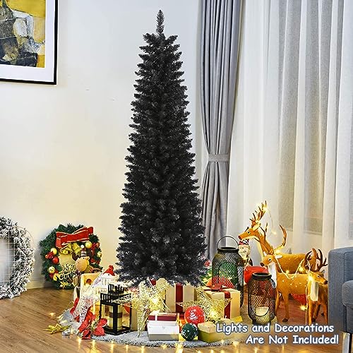 658 Tips Artificial Pencil Christmas Tree Halloween Tree, 6ft Pure Black Xmas Hallowmas Pine Trees with Metal Stand Perfect for Christmas/Halloween/Parties/Holiday Indoor Outdoor Decoration