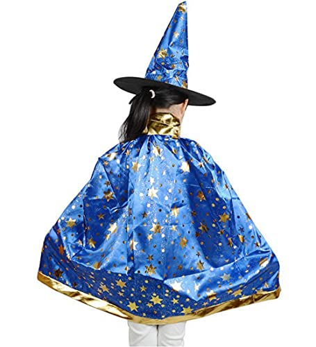 ZZX Wizard Cape Witch Cloak with Hat, Halloween Costume Props for Kids Cosplay Party (Blue)