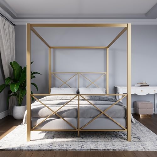 DHP Rosedale Metal Canopy Bed Frame with Four Poster Design and Geometric Accented Headboard and Footboard, Underbed Storage Space, Full, Gold