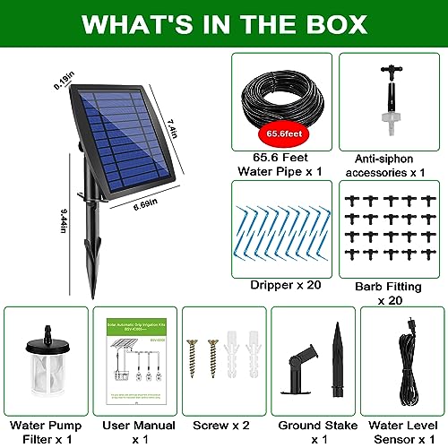 12 Timer Modes Solar Drip Irrigation System - Auto Drip Irrigation Kits with Anti-Siphon Supports 20-30 Pots, Solar Powered Garden Watering System for Indoor & Outdoor Plants, 3W, 65.6 FT