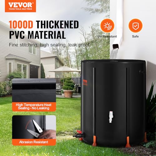 VEVOR Collapsible Rain Barrel, 53 Gallon Large Capacity, PVC Rainwater Collection System with Spigots and Overflow Kit, Portable Water Tank Storage Container for Garden Water Catcher, Black