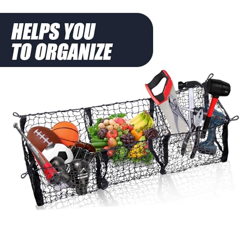 Zone Tech Three Pocket Mesh Trunk Cargo Net Storage Organizer– Premium Quality Black Heavy Duty Black Mesh 3 Pocket Trunk Cargo Organizer for Car, Van, SUV Pickup Truck Bed