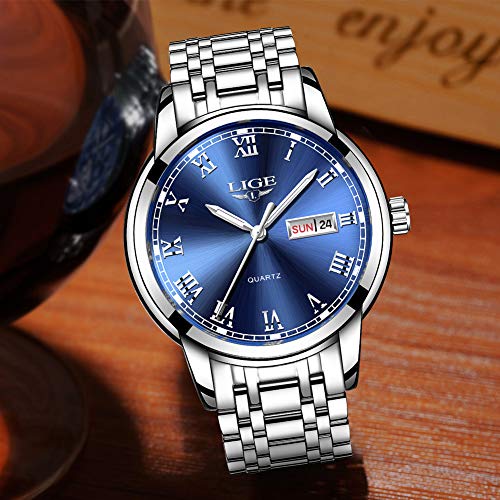 LIGE Watch for Men Fashion Elegant Analog Quartz Watch for Male Casual Waterproof Silver Stainless Steel Calendar Luxury Business Gents Dress Wristwatch Blue Round Dial
