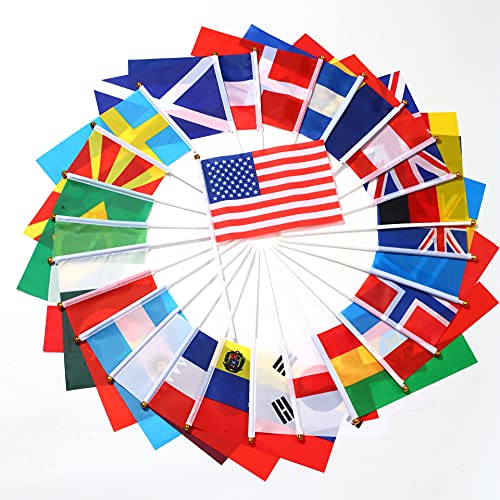 100 Countries Flags,International Country Stick Flag Small Mini Hand Held Round Top on Stick,World countries on every continent Flag,World Cup Sports Events International Festival.