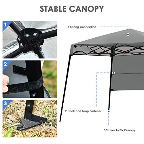 Tangkula 7x7 Ft Pop Up Canopy, Slant Leg Outdoor Canopy with Carry Bag & 4 Stakes, Compact Portable Canopy Tent for Hiking Camping Fishing & Picnic (7'x7' Base; 6'x6' top)