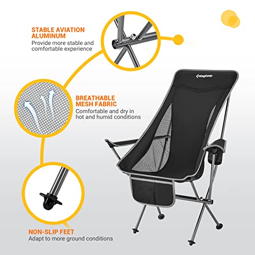 KingCamp Compact Camping Chairs for Adults Ultralight High Back Folding Portable Lawn Light Weight Outdoor with Armrest, Side Pocket, Headrast, Carry Bag, Support 265 Lbs, 2 Pack, Black-2 Pack
