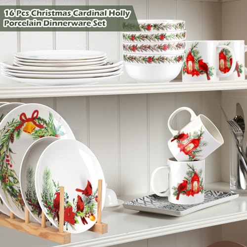 Zhehao 16 Pcs Christmas Cardinal Dinnerware Set Winter's Medley Ceramics Dinnerware Holly and Ivy Dessert Plates Festive Collection Plates Ceramic Bird Bowl Mug for Holiday Dinner Party, Service for 4