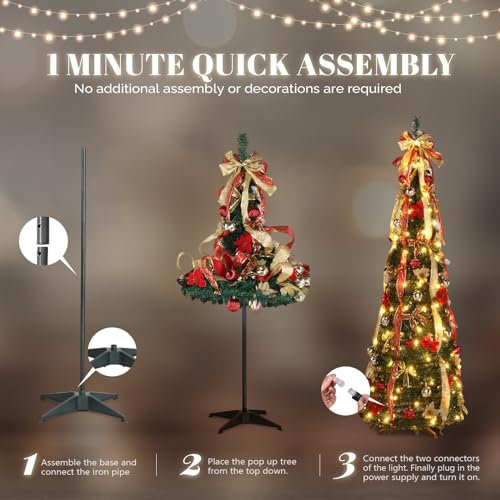 VINGLI 6ft Pre lit Pop Up Christmas Tree with Lights, Pre-Decorated Artificial Pencil Xmas Tree Collapsible Christmas Tree Holiday Party Decorations (Red&Gold)