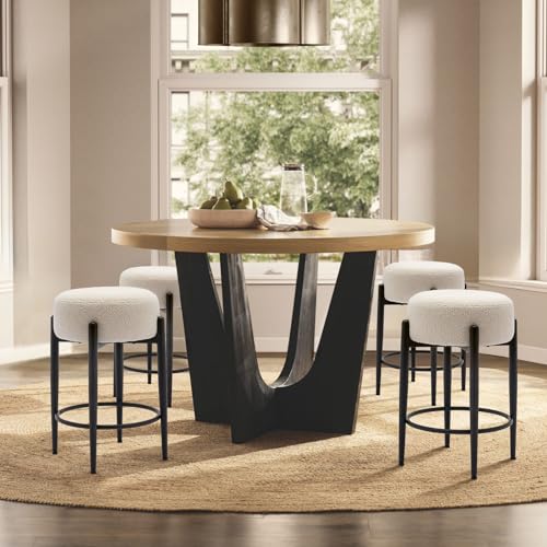 COLAMY Modern Bar Stools Set of 4, 24" Sherpa Counter Height Stools with Round Soft Padded Boucle Backless Seat and Metal Mid-Century Base, Cream