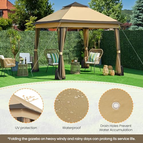 Yaheetech 11'x11' Pop Up Gazebo Outdoor Canopy Shelter Instant Pop Up Patio Gazebo Sun Shade Gazebo Canopy Tent with Double Tiers and Mesh Netting, for Lawn, Garden, Backyard and Deck (Khaki&Brown)