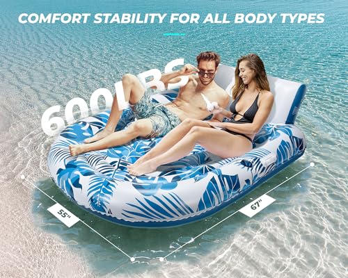 JCLEAL Pool Floats Adult 2 Person Inflatable Tanning Pool Lounger Extra Large River Rafts Heavy duty Water Floaties Chair Lounge Recliner with Cupholder Backrest Handles Swimming Toys Party Lake Ocean