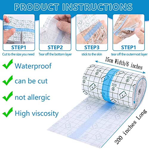 Large Waterproof Transparent Bandage, 6x200 inch, Stretch Adhesive Bandage Clear Adhesive Film Bandages Post Surgical Shower Shield Dressing Tape for Tattoo Aftercare Swimming Showering