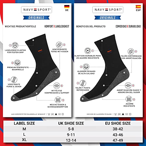 NAVYSPORT Men's Socks Sports Cushioned Cotton Crew Socks, Pack of 5 Pairs (Shoe Size: 9-11, Black)