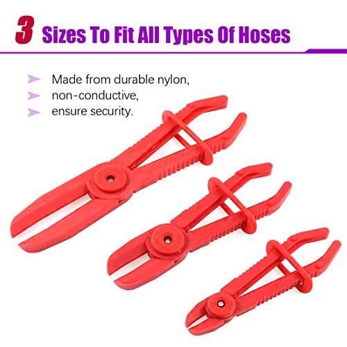 Swpeet 3Pcs Red Line Clamps Flexible Hose Clamps Pliers Kit, Hose Pinch Off Pliers Set Line Clamps for Brake Hoses, Fuel Hoses, Coolant Hoses, Most Flexible 15mm, 20mm and 25mm Hoses Clamps