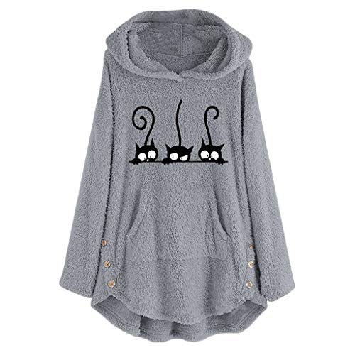 ZJRXM Women's Long Sleeve Cat Printed Hoodies Pullover Fall Winter Fuzzy Fleece Cute Jumper Sweatshirt for Teen Girls, Gray, 4X-Large