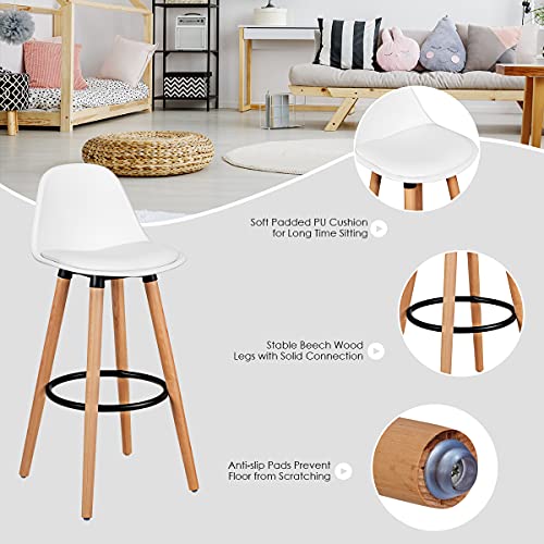 2Pcs Bar Stools, Pub High Barstool Dinning Chair w/ Round Metal Footrest, Beech Wood Legs, Cushioned Seat & Curved Backrest, PU Leather Bar Chair, Counter Height Chair for Home, Bistro, Dining Hall, Kitchen (White)