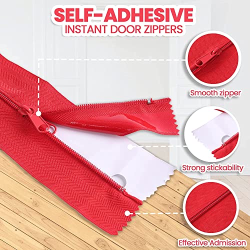 (4-Pack) Heavy-Duty Dust Protector Zipper (Red) - Self-Adhesive Instant Door Zipper - 7 Ft Long x 3 in Wide Zipper - Includes 4 Zippers and Plastic Sheeting Cutter Accessories