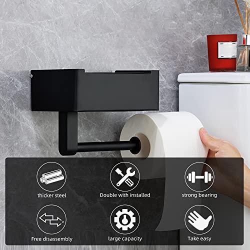 Eacam Black Stainless Steel Toilet Paper Holder with Wipes Dispenser,Mobile Phone Rack for Bathroom with Wipe Storage Shelf Keep Your Wipes Out of Sight - Wall Mount Paste Mount